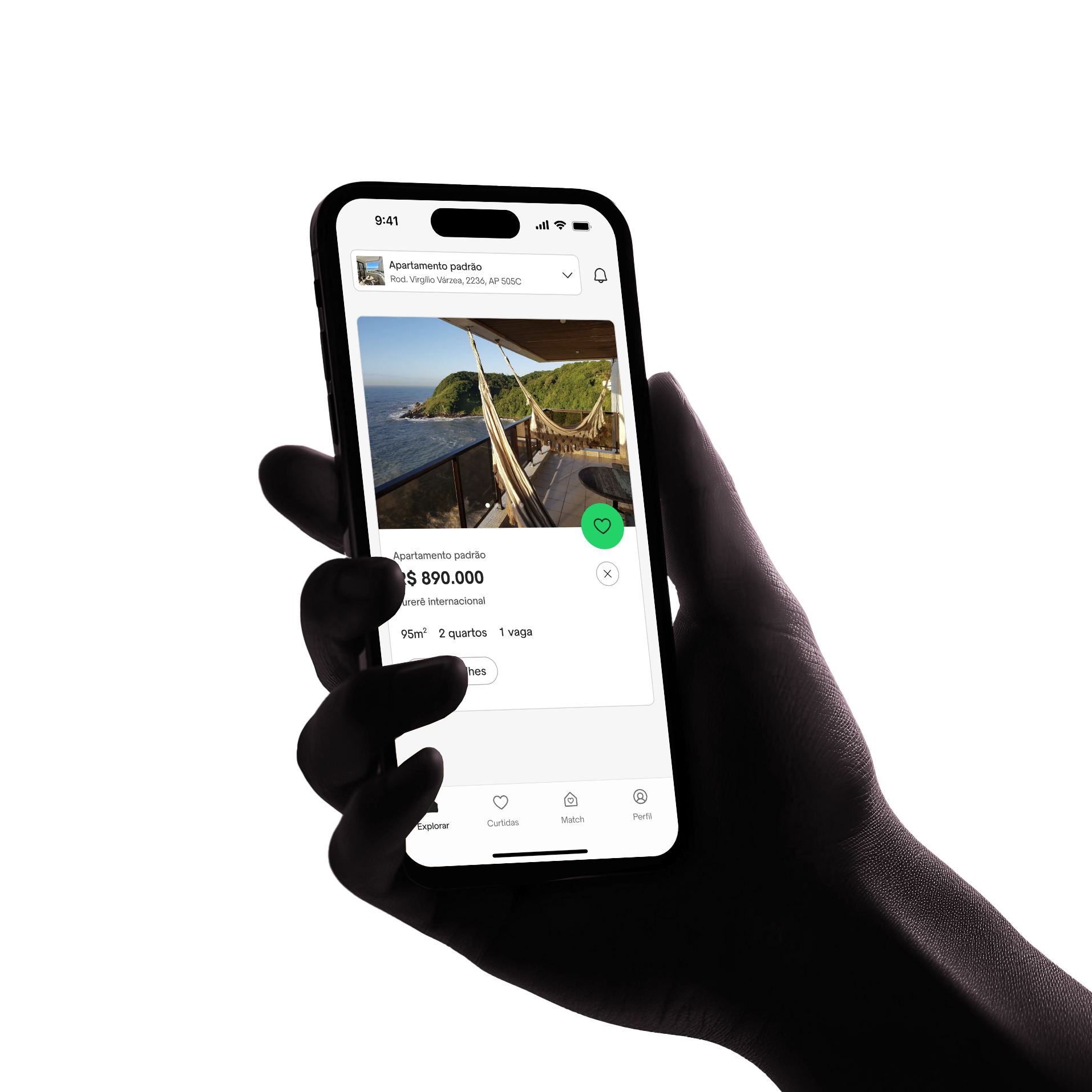 Uma mão segurando um celular com a imagem do app da Mude